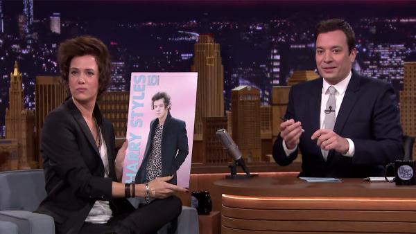 Kristen Wiig impersonates One Direction singer Harry Styles on The Tonight Show Starring Jimmy Fallon on Feb. 18, 2014. - Provided courtesy of NBC