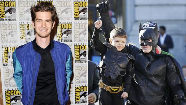 Andrew Garfield appears at Comic Con in San Deigo, California on July 19, 2013. / This Nov. 15, 2013, file photo, shows Miles Scott, 5, dressed as Batkid, second from left, raising his arm next to Batman at a rally outside of City Hall in San Francisco. - Provided courtesy of Daniel Robertson/startraksphoto.com / AP Photo/Jeff Chiu, file
