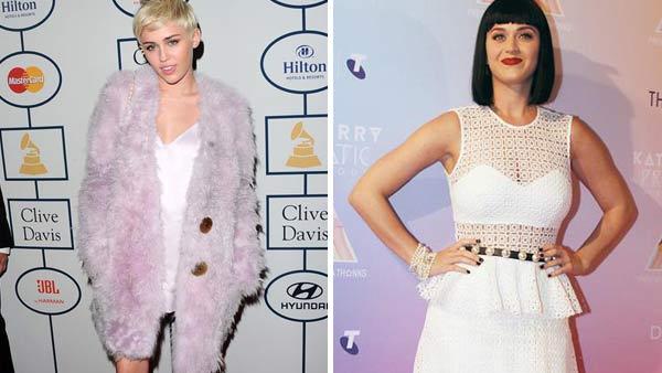 Miley Cyrus appears at the Clive Davis pre-Grammy party in January 2014. Katy Perry appears at a promotional appearance for her Prismatic World Tour in Syndey, Australia on March 4, 2014. - Provided courtesy of Sara De Boer / Scope / Abacausa / startraksphoto.com