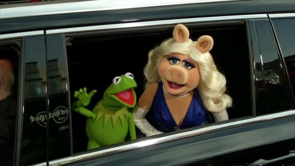 The Muppets, including Kermit and Miss Piggy, arrive at the red carpet premiere of Muppets Most Wanted in Hollywood, California on March 11, 2014.
