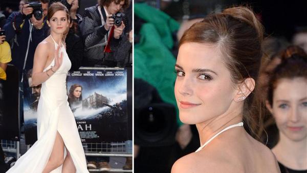 Emma Watson, wearing a one-of-a-kind, flowing, white Ralph Lauren collection halter gown, appears at the Noah London premiere on March 31, 2014. - Provided courtesy of OTRC