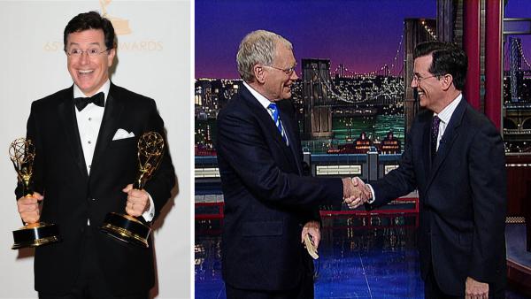 Stephen Colbert, host of Comedy Centrals The Colbert Report, appears with his two Emmys at the 2013 Emmy Awards on Sept. 22, 2013. / Stephen Colbert shakes hands with David Letterman on The Late Show with David Letterman on a May 4, 2011 episode. - Provided courtesy of Kyle Rover / Startraksphoto.com / Worldwide Pants Inc.