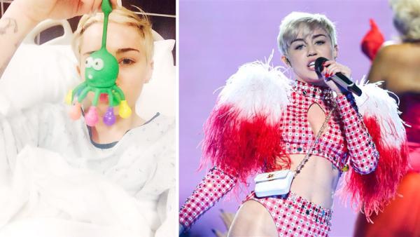 Miley Cyrus appears with an octopus toy in a hospital bed, as seen in a photo she tweeted on April 15, 2014. / Miley Cyrus performs during a concert in Raleigh, North Carolina on April 8, 2014. - Provided courtesy of twitter.com/MileyCyrus/status/456202359765729280/photo/1 / pic.twitter.com/7FJFxYa7M5 / Andy Martin Jr. / Startraksphoto.com