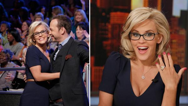 Jenny McCarthy, wearing a yellow sapphire engagement ring, embraces fiance Donnie Wahlberg on ABCs The View on April 16, 2014. McCarthy, a co-host on the show, announced their engagement that morning. - Provided courtesy of ABC Photo / Heidi Gutman