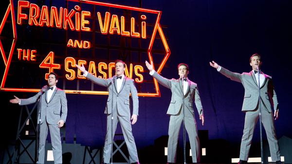 (L-r) JOHN LLOYD YOUNG as Frankie Valli, ERICH BERGEN as Bob Gaudio, VINCENT PIAZZA as Tommy DeVito and MICHAEL LOMENDA as Nick Massi in a scene from the 2014 musical JERSEY BOYS. - Provided courtesy of Keith Bernstein / WARNER BROS. ENTERTAINMENT INC. AND RATPAC ENTERTAINMENT