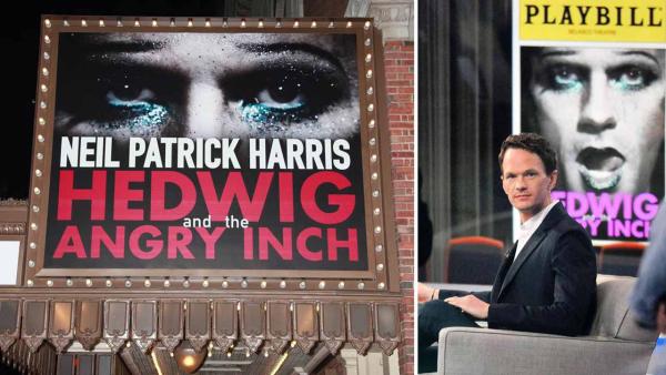 Left - A marquee for the Broadway play Hedwig and the Angry Inch dated March 19, 2014. Right - Neil Patrick Harris appears on Good Morning America on April 17, 2014. - Provided courtesy of Adam Nemser / Ken Katz / startraksphoto.com