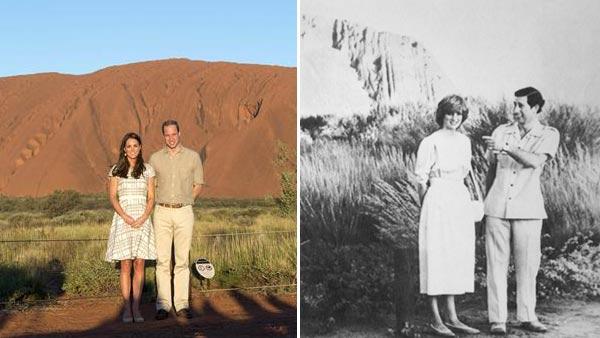 Britains Prince Charles jokes with his wife Princess Diana at Ayers Rock, on March 21, 1983. / Prince William and Kate Middleton, aka Catherine, Duchess of Cambridge appear during a visit to Uluru in Australia on April 22, 2014. - Provided courtesy of OTRC / Rex Features/Startraksphoto.com / AP Photo/ Caulkin