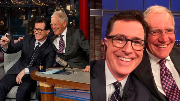 Stephen Colbert appears in a selife with David Letterman while on The Late Show on April 22, 2014. - Provided courtesy of https://twitter.com/StephenAtHome / Jeffrey R. Staab/CBS 2014 CBS Broadcasting Inc. All Rights Reserved Stephen Colbert appears in a selife with David Letterman while on The Late Show on April 22, 2014. - Provided courtesy of https://twitter.com/StephenAtHome / Jeffrey R. Staab/CBS 2014 CBS Broadcasting Inc. All Rights Reserved