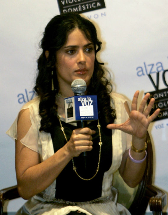 Salma Hayek speaks during a news conference...