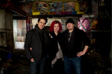 Directors Tom Tykwer, Lana Wachowski and Andy Wachowski appear on the set of the 2012 movie 'Cloud Atlas.'
