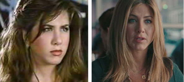 Pictured:  To the left, Jennifer Aniston appears...