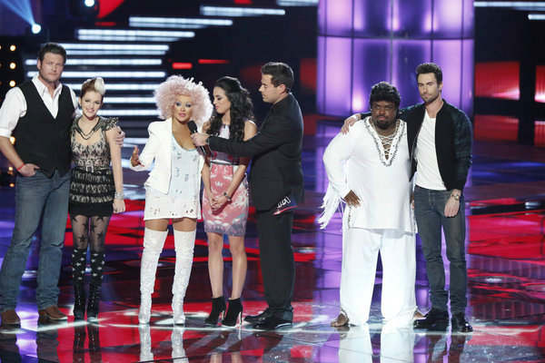 L to R: Blake Shelton, Michaela Paige, Christina...
