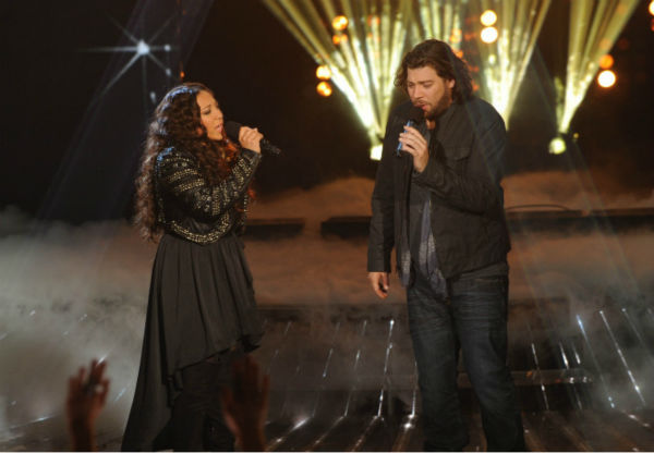 Melanie Amaro (L) and Josh Krajcik (R) perform...