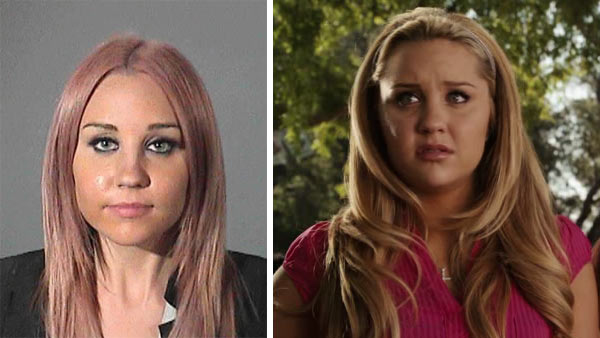 Amanda Bynes appears in a mug shot released by the Los Angeles County Sheriff's Department on April 6, 2012 after her DUI arrest. / Amanda Bynes appears in a scene from the 2010 movie 'Easy A.'