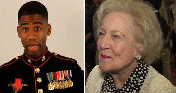 Pictured: Marine Sgt. Ray Lewis asks Betty White...
