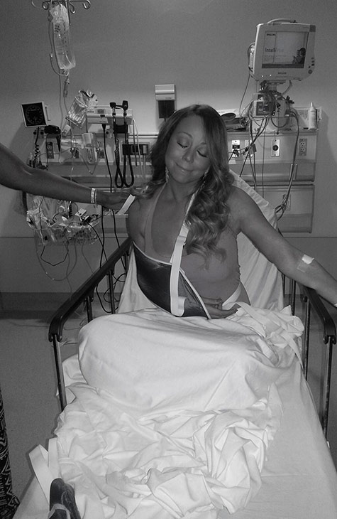 Mariah Carey posted this photo on her Twitter and Facebook pages on July 9, 2013. She is seen sporting a sling. Her husband, Nick Cannon, said she suffered a shoulder injury and cracked a rib after falling off of a platform on the set of a music video. - Provided courtesy of twitter.com/MariahCarey/status/354634720228806658/photo/1 Mariah Carey posted this photo on her Twitter and Facebook pages on July 9, 2013. She is seen sporting a sling. Her husband, Nick Cannon, said she suffered a shoulder injury and cracked a rib after falling off of a platform on the set of a music video. - Provided courtesy of twitter.com/MariahCarey/status/354634720228806658/photo/1