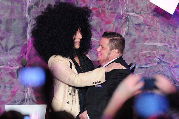 Cher greets her transgender son Chaz Bono at the...