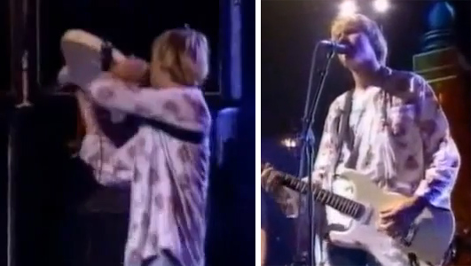Kurt Cobain performs on stage at the 1992 MTV...
