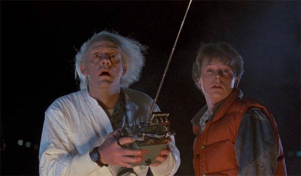 Michael J. Fox and Christopher Lloyd appear as Marty McFly and Doc Brown in a scene from the 1985 movie 'Back To The Future.'