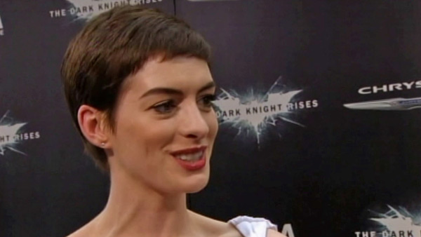 Anne Hathaway talks to reporters at the New York...