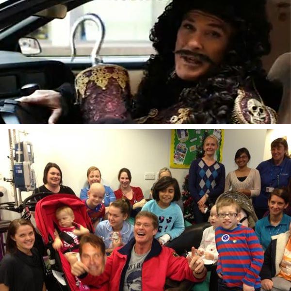 David Hasselhoff appears as Captain Hook in this promo video for the pantomime Peter Pan in December 2012. / David Hasselhoff appears with kids at the royal Manchester childrens hospital in a photo he posted on Twitter on Dec. 20, 2012. - Provided courtesy of youtube.com/user/prideofmanchester / twitter.com/DavidHasselhoff/status/281748855182221312/photo/1 David Hasselhoff appears as Captain Hook in this promo video for the pantomime Peter Pan in December 2012. / David Hasselhoff appears with kids at the royal Manchester childrens hospital in a photo he posted on Twitter on Dec. 20, 2012. - Provided courtesy of youtube.com/user/prideofmanchester / twitter.com/DavidHasselhoff/status/281748855182221312/photo/1