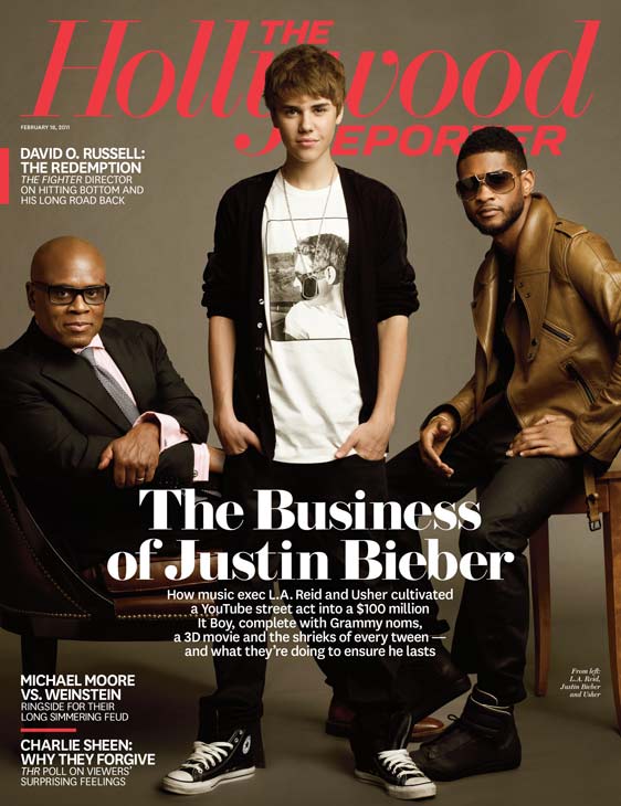 Justin Bieber, Antonio Reid and Usher on the cover of The Hollywood Reporter in February 2011.