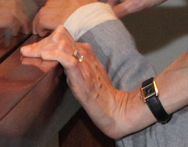 A close-up of Angelina Jolie's engagement ring,...