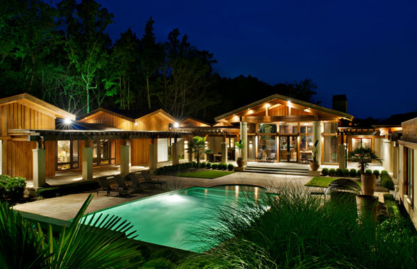 An exterior shot of Kenny Rogers' former Polynesian-inspired lake house in Nicholson, Georgia. The singer had designed the 5-bedroom estate, which he once compared to Disneyland, and sold it on June 27, 2012 for $2.25 million.