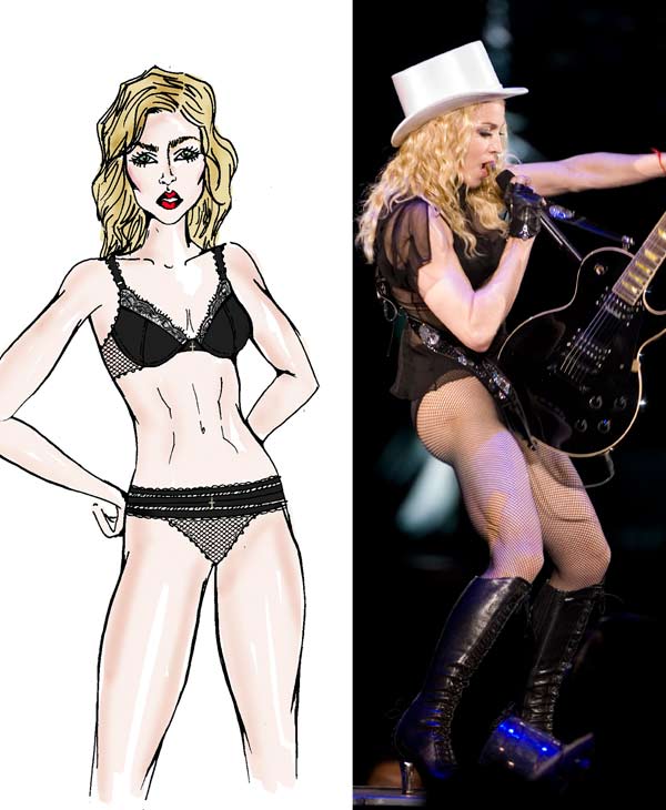 A sketch of Madonna wearing a custom look from her Truth or Dare lingerie line, which will debut at the singers MDNA tour. / U.S. singer Madonna performs during her Sticky and Sweet tour at Foro Sol in Mexico City, Saturday, Nov. 29, 2008. - Provided courtesy of Iconix / AP Photo/Eduardo Verdugo A sketch of Madonna wearing a custom look from her Truth or Dare lingerie line, which will debut at the singers MDNA tour. / U.S. singer Madonna performs during her Sticky and Sweet tour at Foro Sol in Mexico City, Saturday, Nov. 29, 2008. - Provided courtesy of Iconix / AP Photo/Eduardo Verdugo