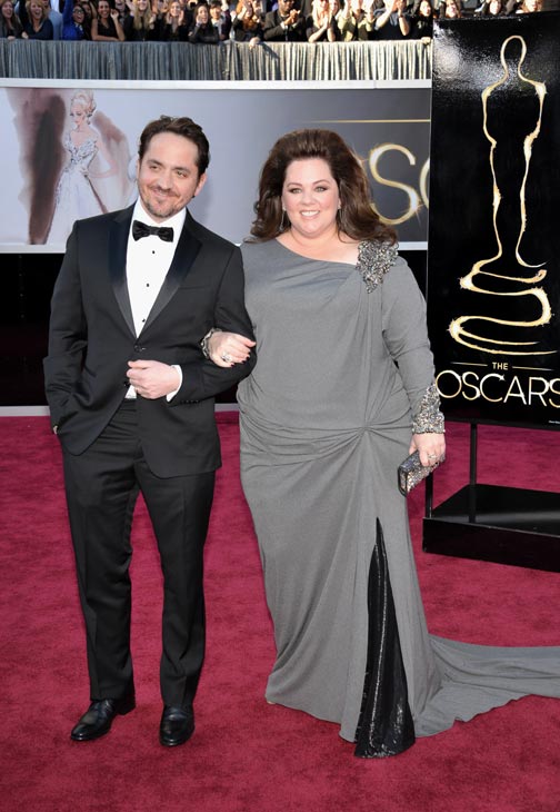 Actors Ben Falcone and Melissa McCarthy arrive at the 85th Academy Awards at the Dolby Theatre on Sunday Feb. 24, 2013, in Los Angeles.