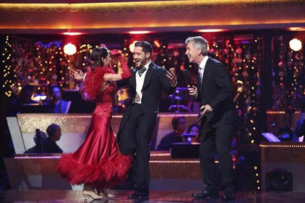 'General Hospital' actress Kelly Monaco and her partner Valentin Chmerkovskiy react to being safe from elimination on 'Dancing With The Stars: The Results Show' on Tuesday, Oct. 9, 2012.