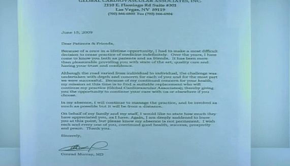 Conrad Murray's letter to his Las Vegas...