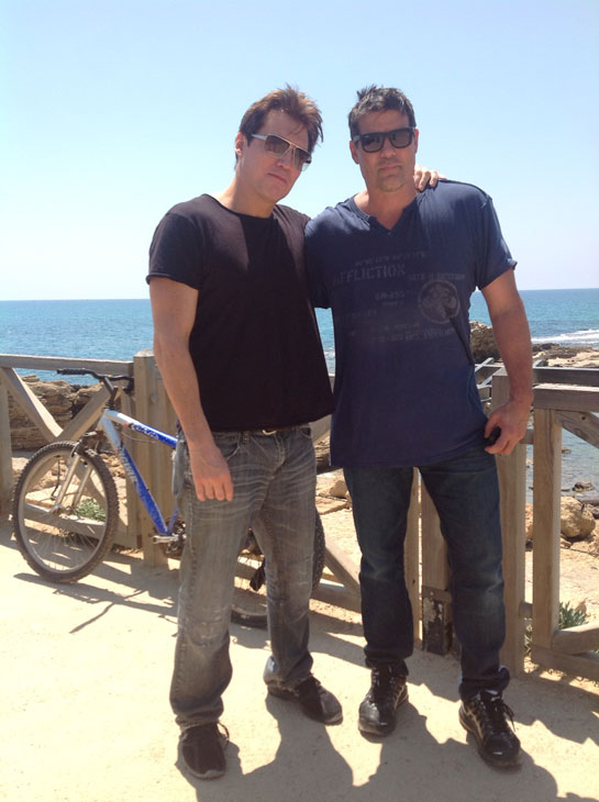 Holt McCallany of 'CSI Miami' and Paul Johansson of 'One Tree Hill' pose near the coast of the northern Israeli city of Haifa on May 7, 2012, when they began a trip to Israel.