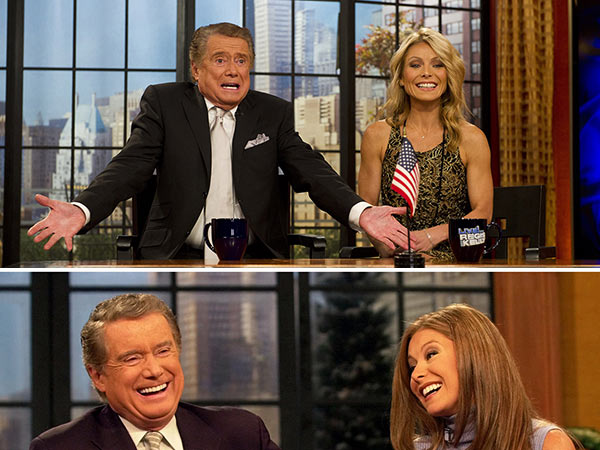 Regis Philbin shares a laugh with new co-host Kelly Ripa during a broadcast of LIVE! with Regis and Kelly on Feb. 5, 2001, in New York. / Regis Philbin and Kelly Ripa appear on Regis farewell episode of LIVE! with Regis and Kelly on Nov. 18, 2011. - Provided courtesy of AP Photo / Kathy Willens / Charles Sykes Regis Philbin shares a laugh with new co-host Kelly Ripa during a broadcast of LIVE! with Regis and Kelly on Feb. 5, 2001, in New York. / Regis Philbin and Kelly Ripa appear on Regis farewell episode of LIVE! with Regis and Kelly on Nov. 18, 2011. - Provided courtesy of AP Photo / Kathy Willens / Charles Sykes