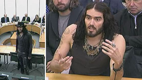 Russell Brand appears before the UK parliament's Home Affairs Committee on April 24, 2012.