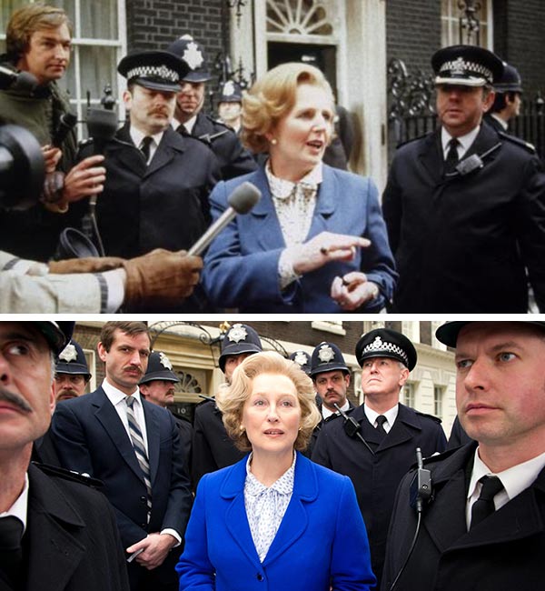 Meryl Streep appears in a scene from the 2011 film The Iron Lady. / Margaret Thatcher arrives at her office at No. 10 Downing Street in London in 1979. - Provided courtesy of The Weinstein Company / British Prime Ministers Office Press Meryl Streep appears in a scene from the 2011 film The Iron Lady. / Margaret Thatcher arrives at her office at No. 10 Downing Street in London in 1979. - Provided courtesy of The Weinstein Company / British Prime Ministers Office Press