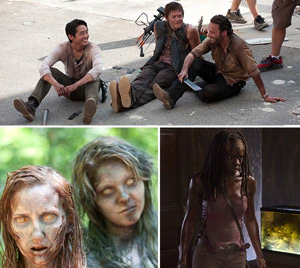 Steven Yeun, Daryl Dixon and Rick Grimes appear on the set of The Walking Dead in 2012. / Walkers appear in a scene from a 2012 episode of The Walking Dead. / Danai Gurira and Kylie Szymanski appear in a scene from The Walking Dead. - Provided courtesy of Gene Page / AMC Steven Yeun, Daryl Dixon and Rick Grimes appear on the set of The Walking Dead in 2012. / Walkers appear in a scene from a 2012 episode of The Walking Dead. / Danai Gurira and Kylie Szymanski appear in a scene from The Walking Dead. - Provided courtesy of Gene Page / AMC