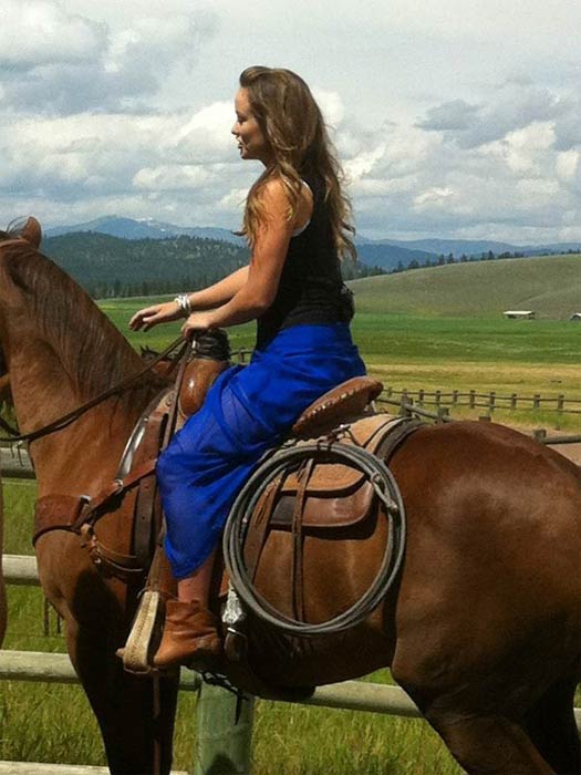 Olivia Wilde riding a horse in Montana, as seen...