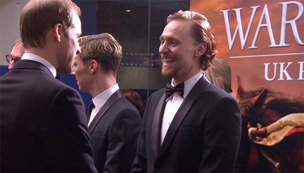Prince William, the Duke of Cambridge, greets cast member Tom Hiddleston, who also plays Loki in 'The Avengers,' at the UK Premiere of 'War Horse' in London on Sunday, Jan. 8, 2012.
