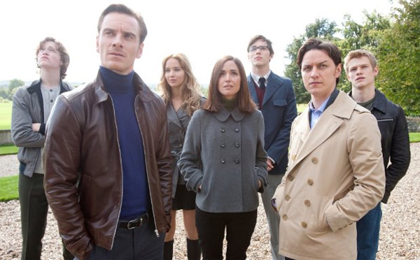 Rose Byrne, Nicholas Hoult, James McAvoy, Michael Fassbender, Lucas Till, Jennifer Lawrence and Caleb Landry Jones in 'X-Men: First Class.'