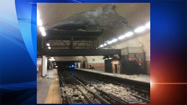 Photo of ceiling collapse at 181st Street subway station, courtesy NYC Transit