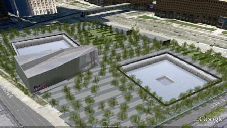 In this computer generated image released by National September 11 Memorial and Museum, an aerial view of the 9/11 Memorial as it will be seen through Google Earth is shown. Online visitors to the World Trade Center site will be able to explore the site with a click of the mouse thanks to a partnership between the National Sept. 11 Memorial and Museum and Google Earth.