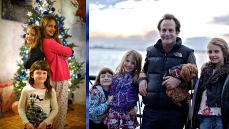 Left Photo: Taken four days before the fire - Grace Badger (kneeling, 7 years old), Sarah Badger (standing to the left, 7) and Lily Badger (standing to the right, 9). Right Photo: Taken three days before fire - (from left to right) Grace Badger, Sarah Badger, Matthew Badger (holding family dog Pippi), Lily Badger.