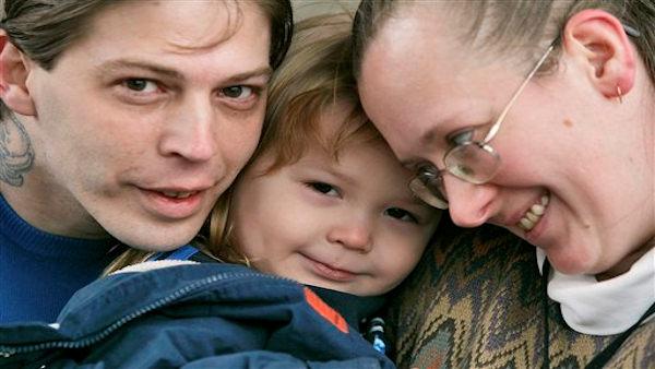 Heath Campbell, left, with his wife Deborah and son Adolph Hitler, 3, pose in Easton, Pa.,, Tuesday, Dec. 16, 2008. Deborah and her husband Heath attempted to by a birthday cake for their son at a near by ShopRite supermarket in Greenwich, N.J. and were told that the store would not inscribe Happy Birthday Adolf Hitler on the cake. The Campbells also have two daughters, JoyceLynn Aryan Nation and Honszlynn Hinler Jeannie. (AP Photo/Rich Schultz)
