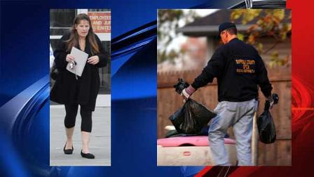 Sharon McDonough (left) leaves Central Islip family court on November 10, 2009. An officer from the SPCA (right) places animal remains in a cooler for transport on Nov. 7 after finding them buried in McDonoughs backyard.