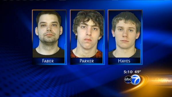 Ryan Faber, 25, and Christopher Parker, 22, of Aurora and Kyle Hayes, 21, of Sandwich are each charged with drug-induced homicide. 