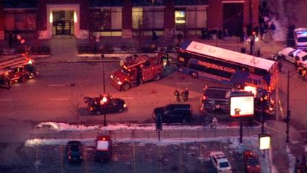 The Chicago Fire Department confirms the woman was struck near the corner of Des Plaines and Adams at around 5 p.m. by a bus belonging to Megabus, an inter-city discount carrier.