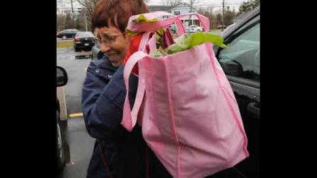 Barbara Redcay loads a reusable grocery bag into her vehicle after shopping at a store in Clarence, N.Y., Wednesday, Nov. 17, 2010. (AP Photo/David Duprey)