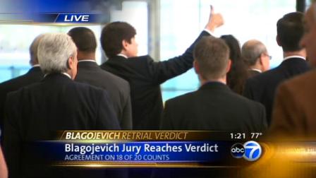 Former governor Rod Blagojevich was found guilty on 17 of 20 counts in his second corruption trial. The jury found him not guilty on one count and was hung on two others.