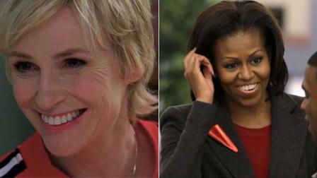 Glee actress and Dolton native Jane Lynch, left, and first lady Michelle Obama.